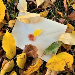 Wax seal on an autumn leaf on the back of an envelope