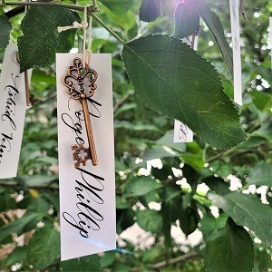 Name card written in modern calligraphy tied to a key and hanging from a tree branch