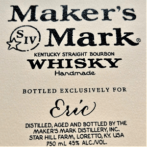 Maker's Mark Whisky label with "Eric" in calligraphy done by Melissa during a live calligraphy event