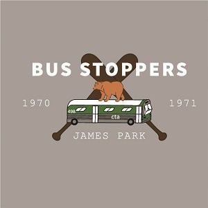 A custom logo created for a Chicago softball team with a bear standing on a CTA bus in front of two crossed softball bats