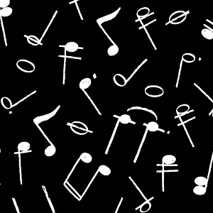 White music notes drawn over a black background