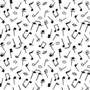 Black music notes scattered randomly over a white background