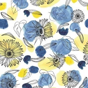 Illustrated sunflower sketches in black over a background of blue and yellow watercolor splotches on a white background