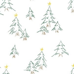 Groups of pine trees topped with yellow stars drawn over a white background