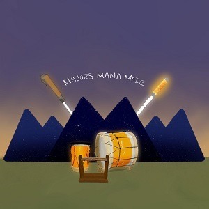 Tahitian drums drawn against a background of grass and mountains with a Samoan fireknife and LED stick