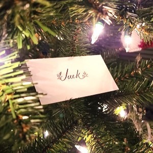 A white, tented place card with a name written in modern calligraphy with a holly embellishment