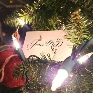 A white, tented placed card placed in a pine tree with white lights